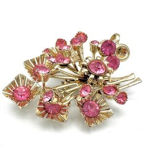 Vintage Pink Rhinestone Gold Tone Brooch Pendant Floral Mid Century Sunburst Pin